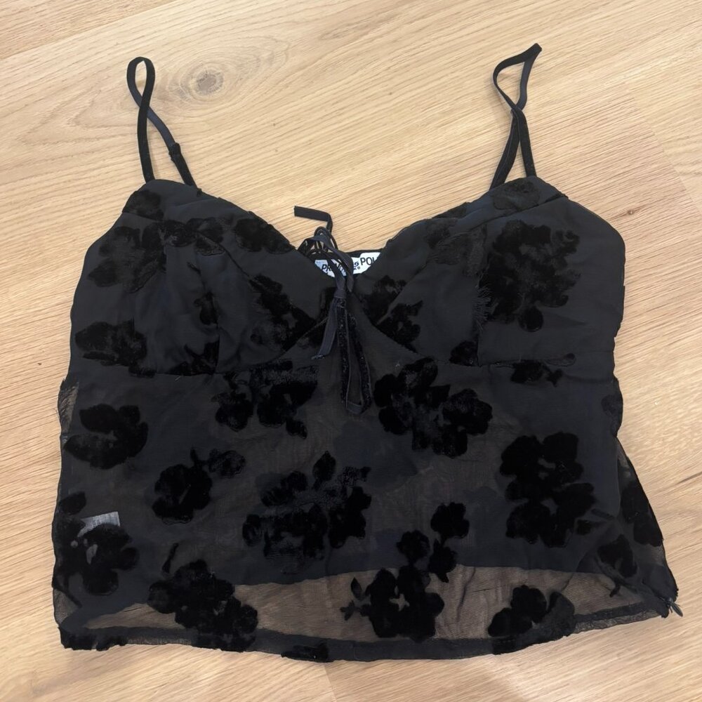 Princess Polly Numb mesh v neck tie front cami top in black floral